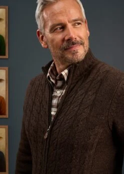 Aberfoyle Men's Lambswool Cable Front Zip Mock Neck In Cocoa -AlanPaine Shop Mens Lambswool Cable Front Zip Mock Neck Jumper Brown 1 2d7c2574 05fd 4a45 bbee 573192da3f11