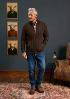 Aberfoyle Men's Lambswool Cable Front Zip Mock Neck In Cocoa -AlanPaine Shop Mens Lambswool Cable Front Zip Mock Neck Jumper Brown 2