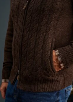 Aberfoyle Men's Lambswool Cable Front Zip Mock Neck In Cocoa -AlanPaine Shop Mens Lambswool Cable Front Zip Mock Neck Jumper Brown 3 26387faa 8b14 48a4 86e9 1deec3dde671
