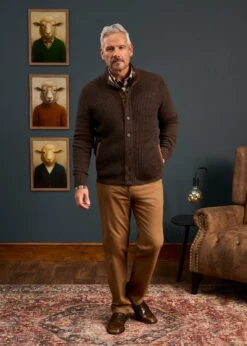 Duchally Men's Waffle Stitch Wool Jacket Cocoa -AlanPaine Shop Mens Lambswool Cable Front Zip Mock Neck Jumper Brown 4 84ca73c4 20fc 4124 98d3 24d731930060