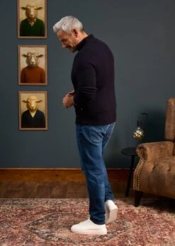 Aberfoyle Men's Lambswool Cable Front Zip Mock Neck In Navy 9 Aberfoyle Men's Lambswool Cable Front Zip Mock Neck In Navy -AlanPaine Shop Mens Lambswool Cable Front Zip Mock Neck Jumper Navy 3