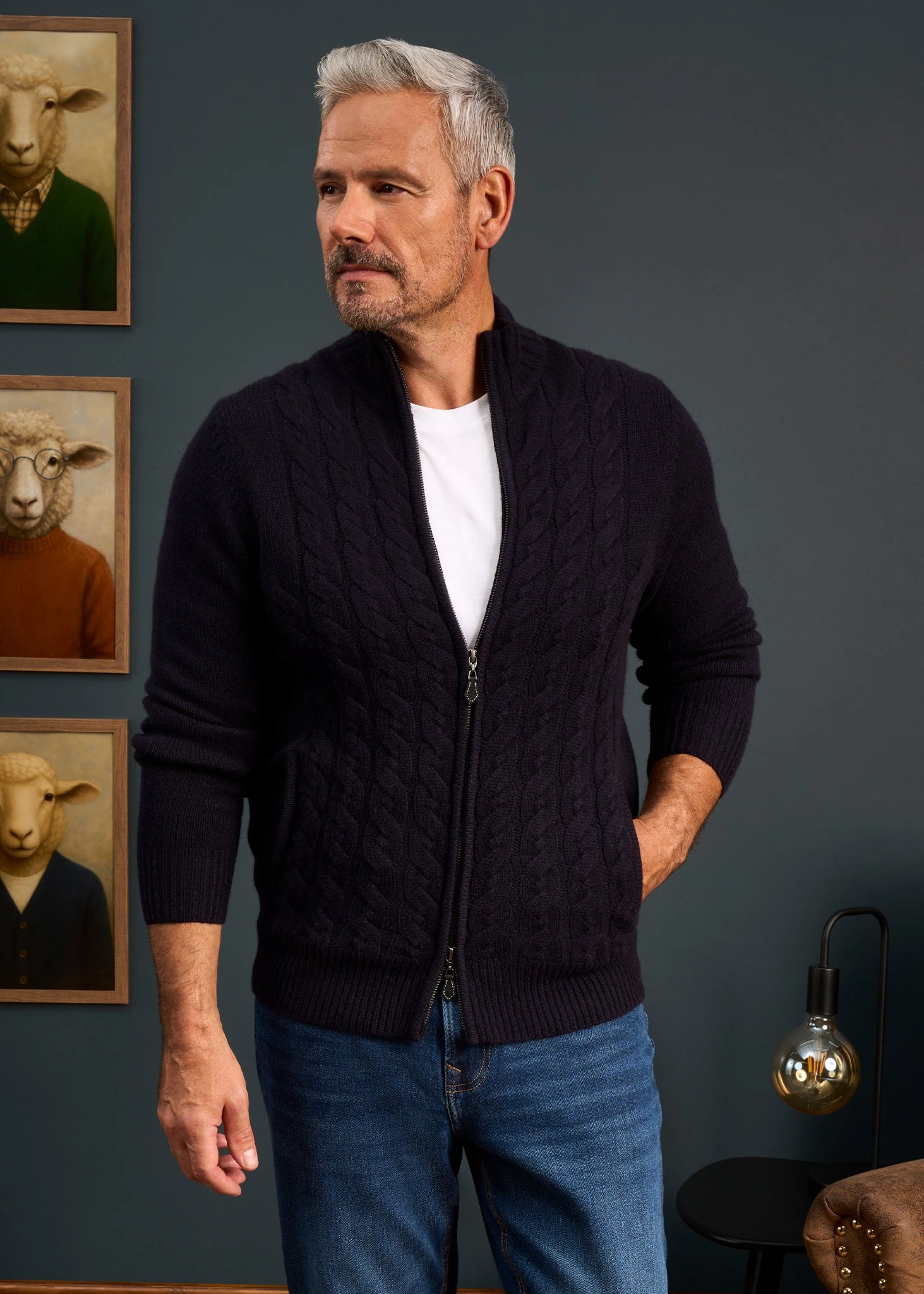 Aberfoyle Men's Lambswool Cable Front Zip Mock Neck In Navy 2 Aberfoyle Men's Lambswool Cable Front Zip Mock Neck In Navy - Image 2