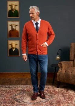 Cornwall Lambswool Cardigan In Ember - Classic Fit -AlanPaine Shop Mens Lambswool Cardigan Orange 1