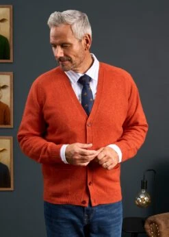 Cornwall Lambswool Cardigan In Ember - Classic Fit -AlanPaine Shop Mens Lambswool Cardigan Orange 2