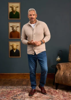 Landford Men's Lambswool Buttoned Jumper In Cobble - Regular Fit -AlanPaine Shop Mens Lambswool Mock Neck Jumper Cream 1