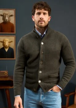 Landford Men's Lambswool Buttoned Jumper In Seaweed - Regular Fit -AlanPaine Shop Mens Lambswool Mock Neck Jumper Green