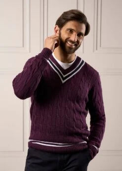 Grafton Men's Merino Wool Cable Cricket Jumper In Black Grape - Regular Fit -AlanPaine Shop Mens Merino Cricket Sweater Purple 4