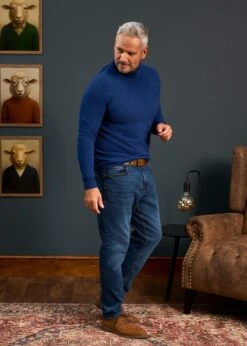 Petersham Men's Geelong Wool Roll Neck In Indigo -AlanPaine Shop Mens Roll Neck Jumper Blue 3