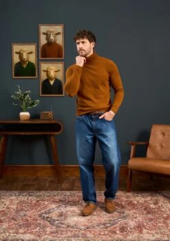 Petersham Men's Geelong Wool Roll Neck In Cumin -AlanPaine Shop Mens Roll Neck Jumper Brown Orange 1