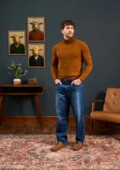 Petersham Men's Geelong Wool Roll Neck In Cumin -AlanPaine Shop Mens Roll Neck Jumper Brown Orange 3