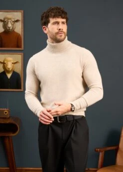 Petersham Men's Geelong Wool Roll Neck In Irish Cream -AlanPaine Shop Mens Roll Neck Jumper Cream 1
