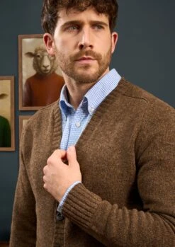 Kinloch Men's Shetland Wool Cardigan In Scots Pine 9 Kinloch Men's Shetland Wool Cardigan In Scots Pine -AlanPaine Shop Mens Shetland Cardigan Brown 3