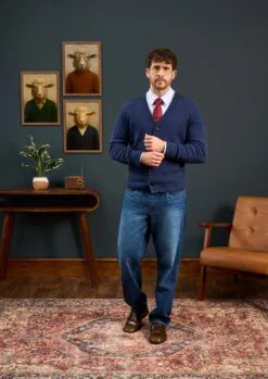 Kinloch Men's Shetland Wool Cardigan In Indigo -AlanPaine Shop Mens Shetland Wool Cardigan Blue 2 62b5e4ab 6b21 4d23 b303 b4d984efdfba