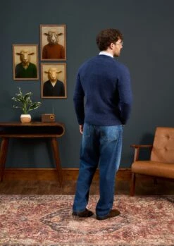 Kinloch Men's Shetland Wool Cardigan In Indigo -AlanPaine Shop Mens Shetland Wool Cardigan Blue 3