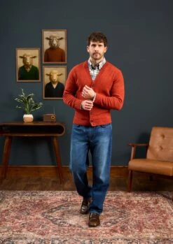 Kinloch Men's Shetland Wool Cardigan In Saffron -AlanPaine Shop Mens Shetland Wool Cardigan Orange 1