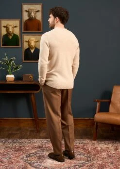 Kinnadie Supersoft Shetland Almond Jumper - Regular Fit -AlanPaine Shop Mens Shetland Wool Jumper In Cream White 3