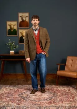 Surrey Tweed Lined Blazer In Hawkswood - Regular Fit -AlanPaine Shop Mens Tweed Blazer Surrey Orange Blue Check 1