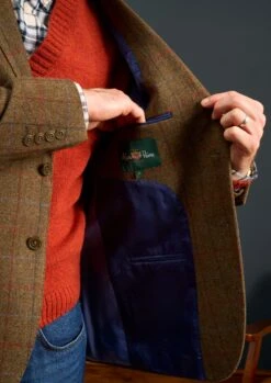 Surrey Tweed Lined Blazer In Hawkswood - Regular Fit -AlanPaine Shop Mens Tweed Blazer Surrey Orange Blue Check 2