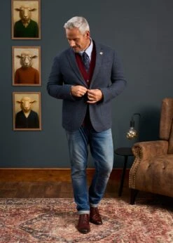 Richmond Men's Knitted Blazer In Navy -AlanPaine Shop Mens Tweed Blue Blazer Surrey 2