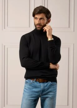 Linton Merino Wool Roll Neck Jumper In Black - Regular Fit -AlanPaine Shop Merino Wool Black Roll Neck Jumper 3