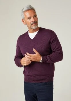 Millbreck Merino Wool Jumper In Black Grape - Regular Fit -AlanPaine Shop Milbreck Mens Merino Wool Jumper Vee Neck Purple 1