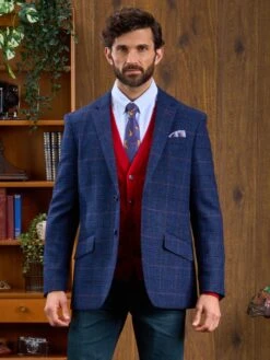 Surrey Tweed Lined Blazer In Navy Check - Regular Fit -AlanPaine Shop Navy Check Tweed Blazer 1