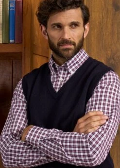 Norfolk Men's Lambswool Slipover In Navy - Classic Fit -AlanPaine Shop Norfolk Lambswool Knitted Slipover Dark Navy 5