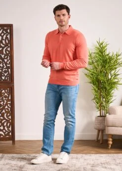 Pentlow Luxury Cotton Long Sleeve Polo Shirt In Coral -AlanPaine Shop Pentlow Luxury Cotton Long Sleeve Polo Coral 4