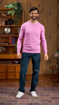 Men's Geelong Lambswool Crew Neck Jumper In Pink Haze - Regular Fit -AlanPaine Shop Pink Crew Neck Jumper 3