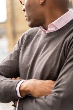 Radstone Men's Merino Wool Jumper In Dark Brown - Regular Fit -AlanPaine Shop Radstone Mens Vee Neck Merino Jumper Brown 1