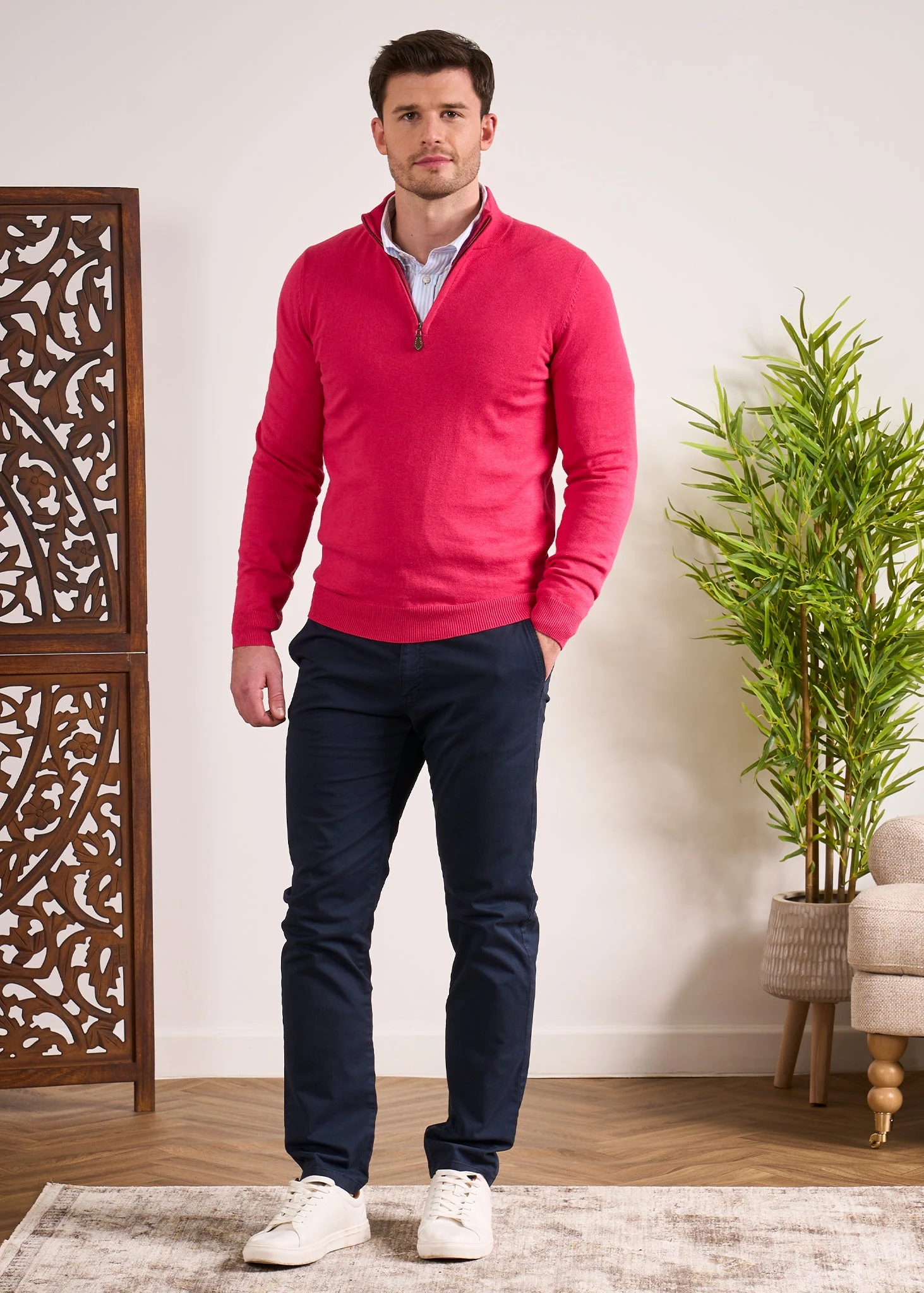 Selhurst Cotton Cashmere 1/4 Zip Jumper In Raspberry 2 Selhurst Cotton Cashmere 1/4 Zip Jumper In Raspberry - Image 2