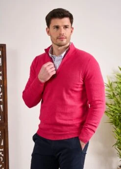 Selhurst Cotton Cashmere 1/4 Zip Jumper In Raspberry 9 Selhurst Cotton Cashmere 1/4 Zip Jumper In Raspberry -AlanPaine Shop Selhurst Cotton Quarter Zip Jumper Raspberry 3