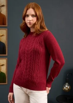 Sienna Ladies Cable Knit Roll Neck In Berry -AlanPaine Shop Sienna Ladies Cable Knit Mock Neck Berry 7