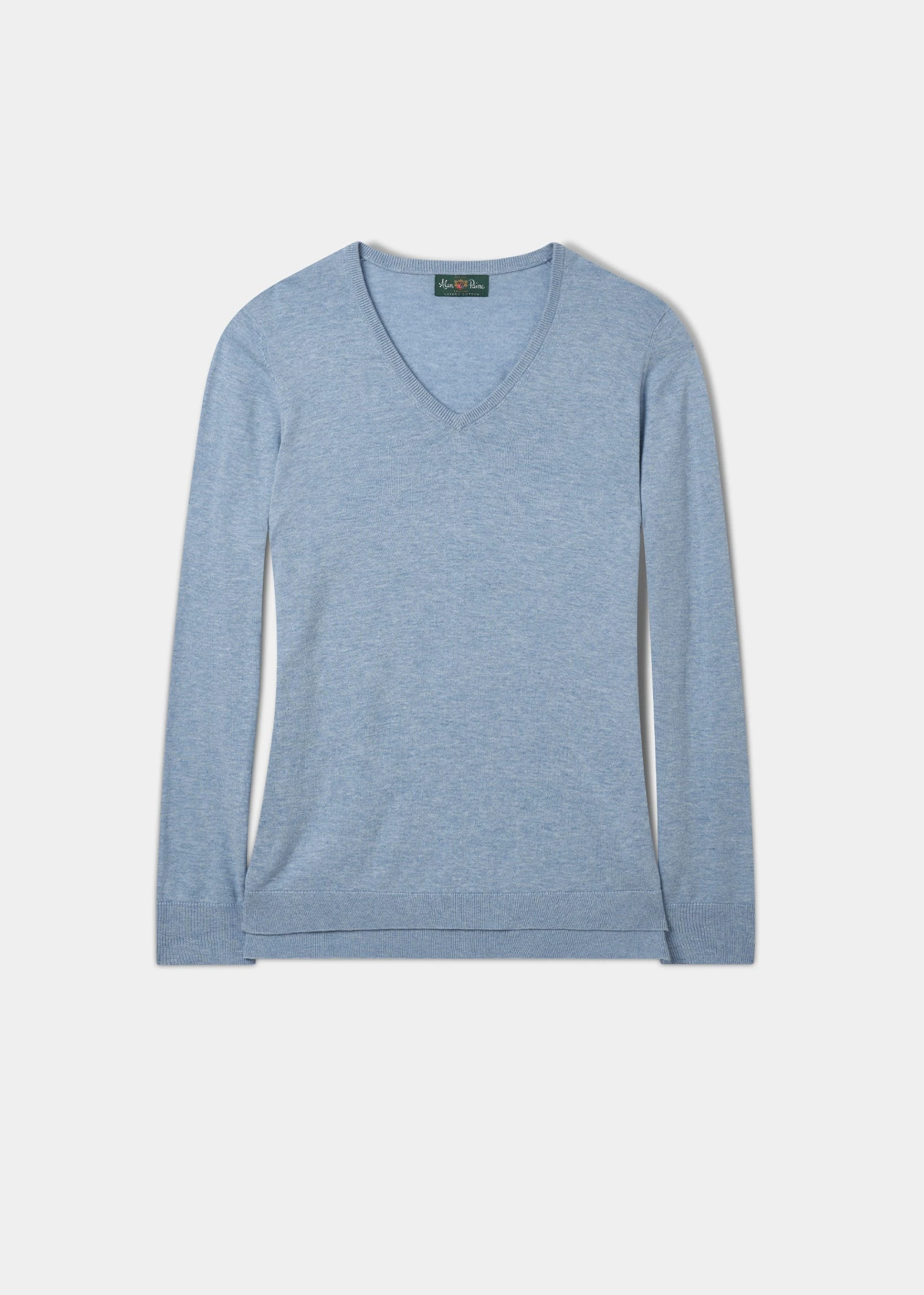 Thea Cotton Cashmere Vee Neck Jumper In Steel Blue 1 Thea Cotton Cashmere Vee Neck Jumper In Steel Blue