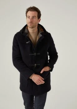 Alcombey Check Back Duffle Coat In Navy -AlanPaine Shop alcombey men s check back duffle caot navy 3