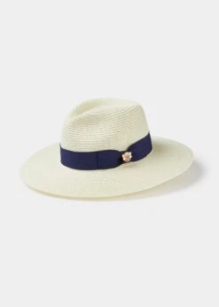Emelle Straw Hat With Navy Blue Ribbon.