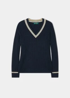 Ladies Cable Knit Cricket Jumper In Dark Navy