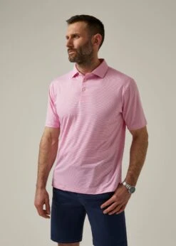 Waterbeach Striped Polo Shirt In Carnation - Sports Fit -AlanPaine Shop ls2302 waterbeach short sleeve polo s2356 2