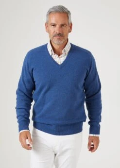 Selkirk Cashmere Jumper In Denim - Classic Fit -AlanPaine Shop mens cashmere jumper denim 2