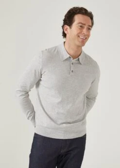 Pentlow Luxury Cotton Long Sleeve Polo Shirt In Dove 8 Pentlow Luxury Cotton Long Sleeve Polo Shirt In Dove -AlanPaine Shop pentlow 3 button long sleeve polo shirt dove 3