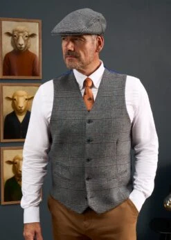 Surrey Men's Tweed Lined Country Waistcoat In Blue Check - Regular Fit -AlanPaine Shop studio lifestyle batch 14 0018 alan paine 3322 model 0446